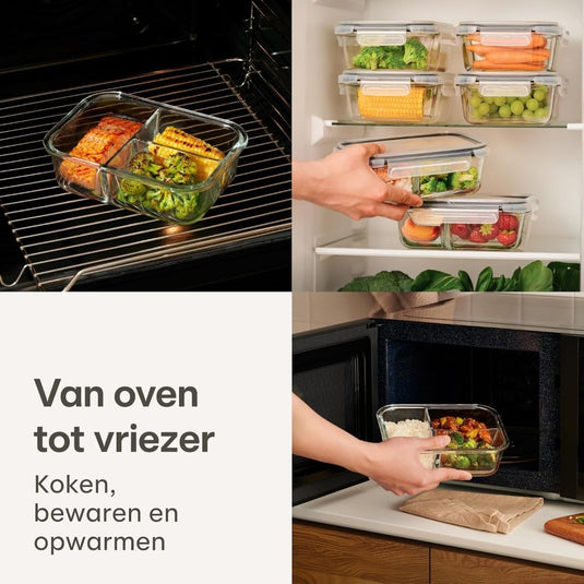 Glazen meal prep bakjes set van 2 met 3 vakken - happygetfit.com