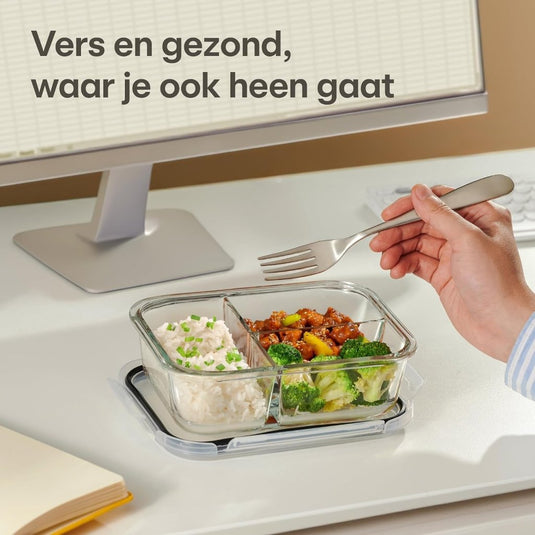 Glazen meal prep bakjes set van 2 met 3 vakken - happygetfit.com