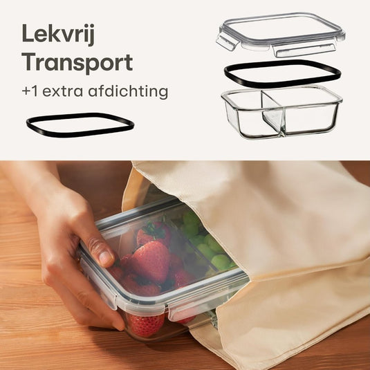 Glazen meal prep bakjes set van 2 met 3 vakken - happygetfit.com