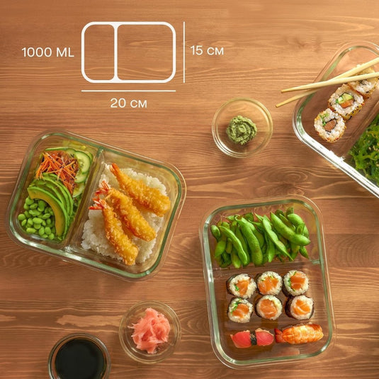 Glazen meal prep bakjes set van 2 met 3 vakken - happygetfit.com