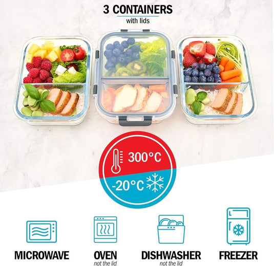 Glazen meal prep bakjes set van 3 met 3 vakken - happygetfit.com