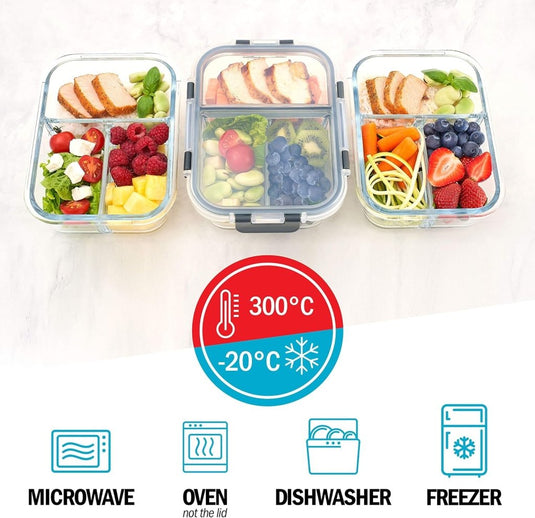Glazen meal prep bakjes set van 3 met 3 vakken - happygetfit.com
