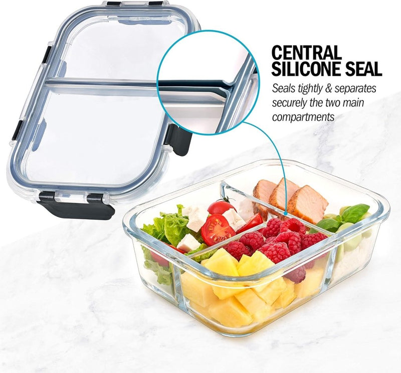 Laad afbeelding in Galerijviewer, Glazen meal prep bakjes set van 3 met 3 vakken - happygetfit.com

