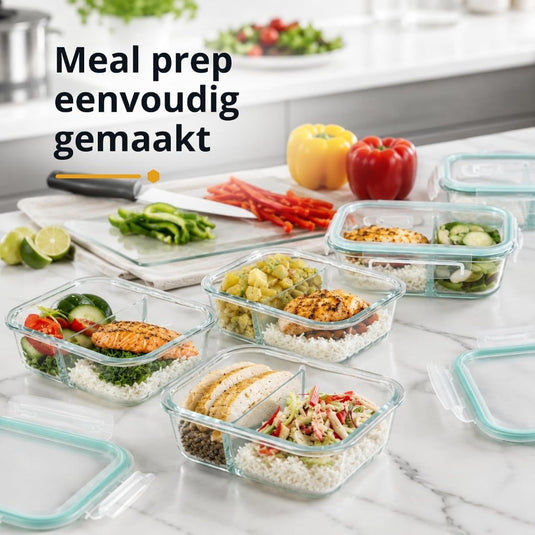 Glazen meal prep bakjes set van 5 met 2 vakken - happygetfit.com