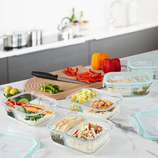 Glazen meal prep bakjes set van 5 met 2 vakken - happygetfit.com