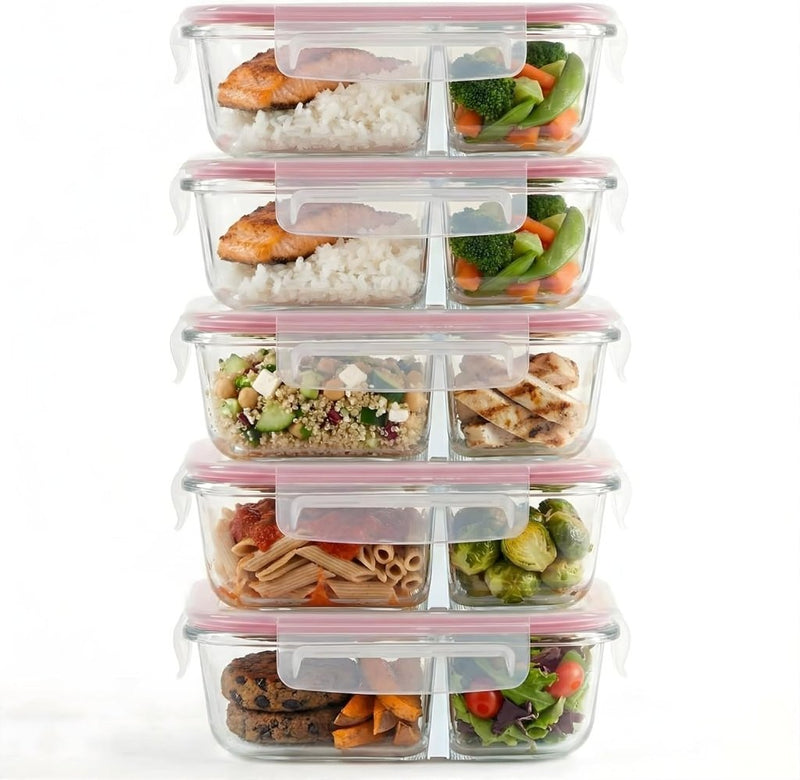 Laad afbeelding in Galerijviewer, Glazen meal prep bakjes set van 5 met 2 vakken - happygetfit.com
