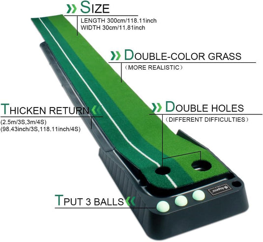 Golf Putting Trainer (3 ballen gratis), Golfmat met Retourbaan en Automatische Functie Oefen Binnen en Buiten voor Beginners en Amateur - happygetfit.com