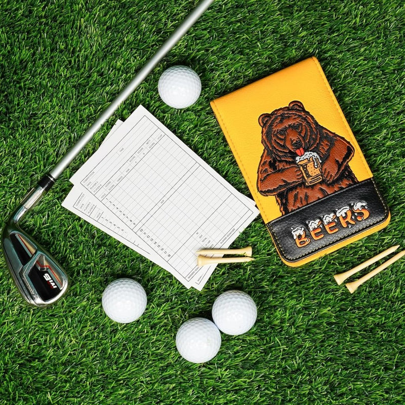 Chargez l'image dans la visionneuse de la galerie, Golf scorekaarthouder van kunstleer met berenborduurwerk inclusief 10 scorekaarten en potlood – yardageboek – golfscoreboek - happygetfit.com
