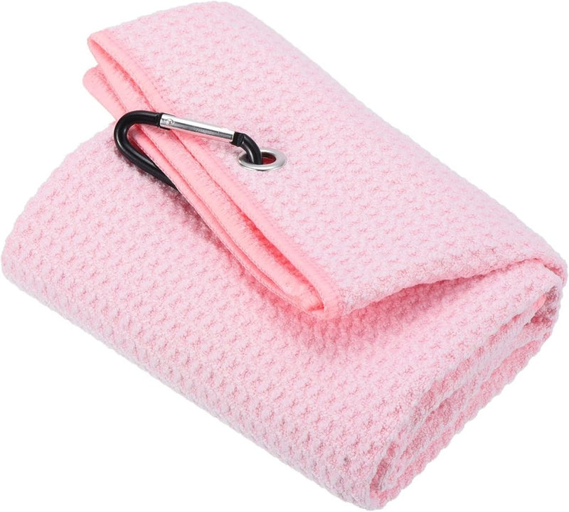 Load image into Gallery viewer, Golfhanddoek 40 x 40 cm met D-clip roze – absorberende tri-fold handdoek – golf accessoires - happygetfit.com
