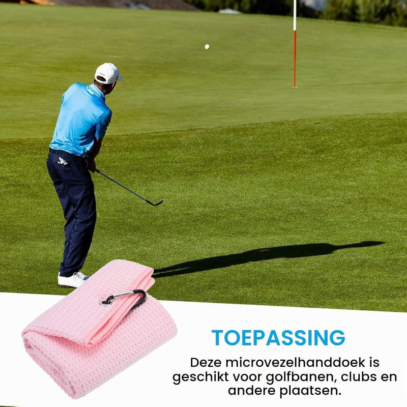 Load image into Gallery viewer, Golfhanddoek 40 x 40 cm met D-clip roze – absorberende tri-fold handdoek – golf accessoires - happygetfit.com
