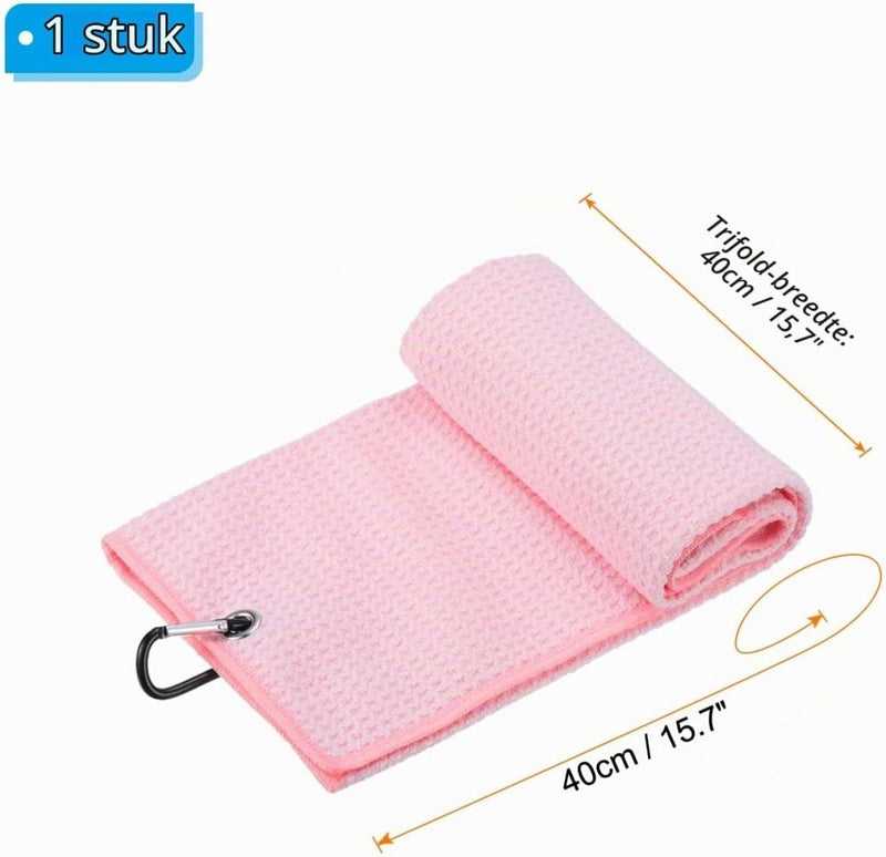 Load image into Gallery viewer, Golfhanddoek 40 x 40 cm met D-clip roze – absorberende tri-fold handdoek – golf accessoires - happygetfit.com
