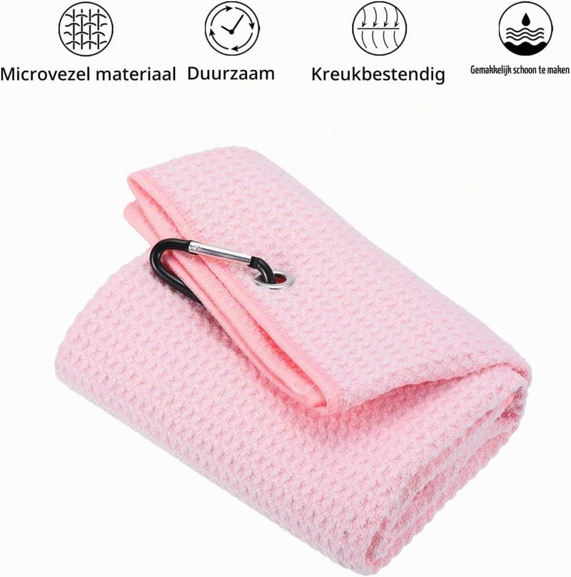Load image into Gallery viewer, Golfhanddoek 40 x 40 cm met D-clip roze – absorberende tri-fold handdoek – golf accessoires - happygetfit.com
