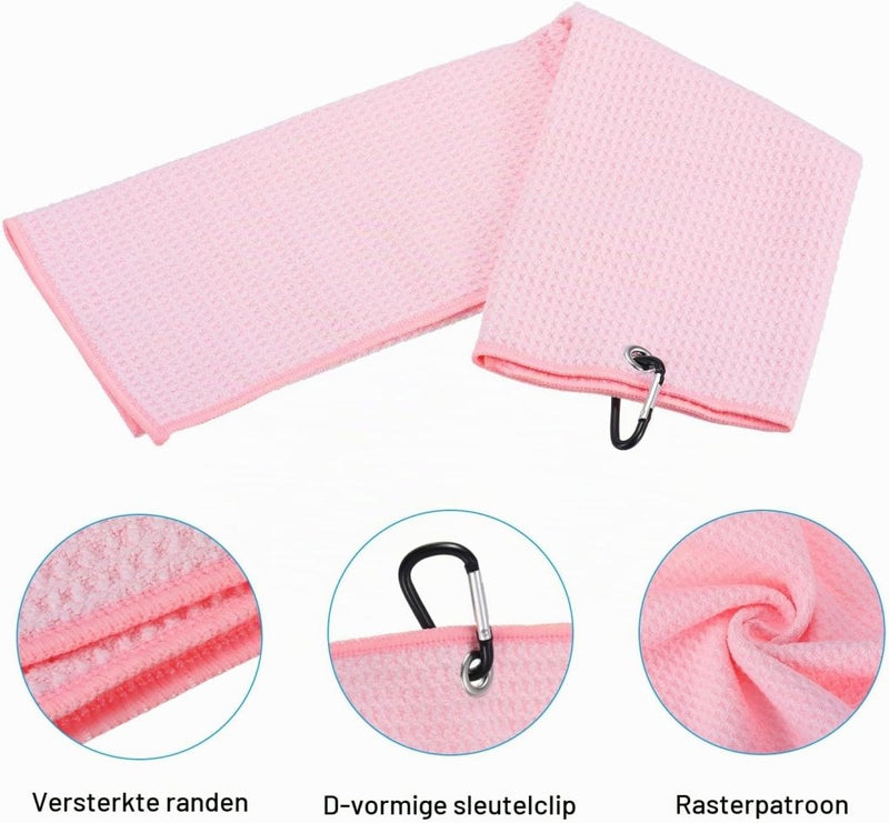 Load image into Gallery viewer, Golfhanddoek 40 x 40 cm met D-clip roze – absorberende tri-fold handdoek – golf accessoires - happygetfit.com
