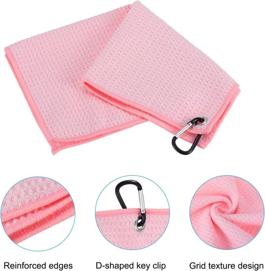 Golfhanddoek 40 x 40 cm met D-clip roze – absorberende tri-fold handdoek – golf accessoires - happygetfit.com