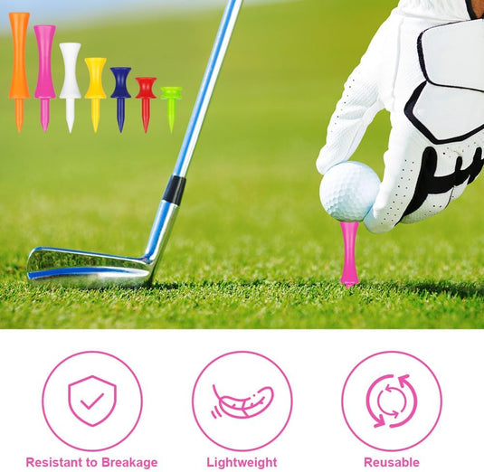Golftees 84 stuks van stevig kunststof in 7 verschillende hoogtes van 25 tot 70 mm – golfpinnetjes – afslagtraining - happygetfit.com