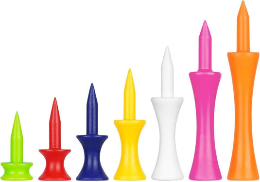 Golftees 84 stuks van stevig kunststof in 7 verschillende hoogtes van 25 tot 70 mm – golfpinnetjes – afslagtraining - happygetfit.com