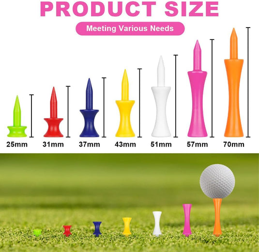 Golftees 84 stuks van stevig kunststof in 7 verschillende hoogtes van 25 tot 70 mm – golfpinnetjes – afslagtraining - happygetfit.com