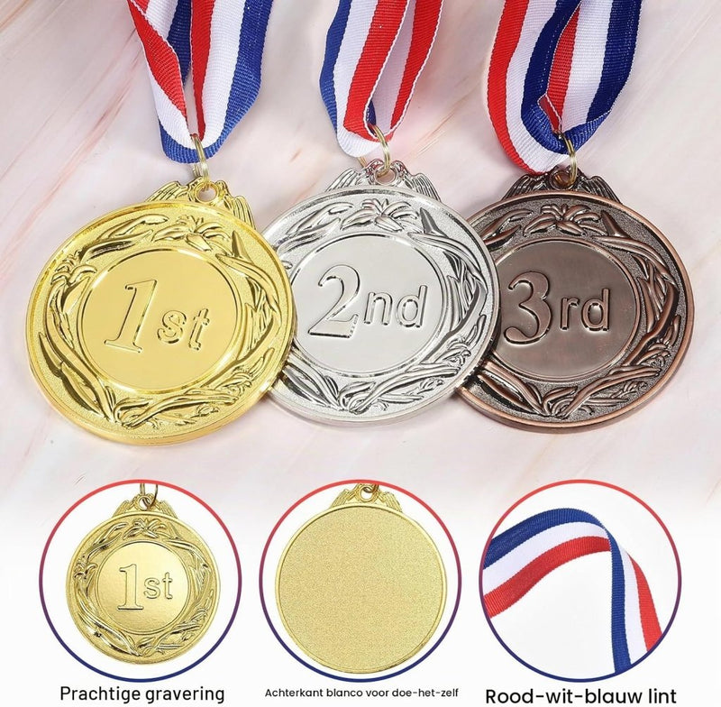 Chargez l'image dans la visionneuse de la galerie, Gouden medailles 3 stuks 6,5 cm voor 1e plaats met neklint – sportmedailles – prijzen en trofeeën - happygetfit.com

