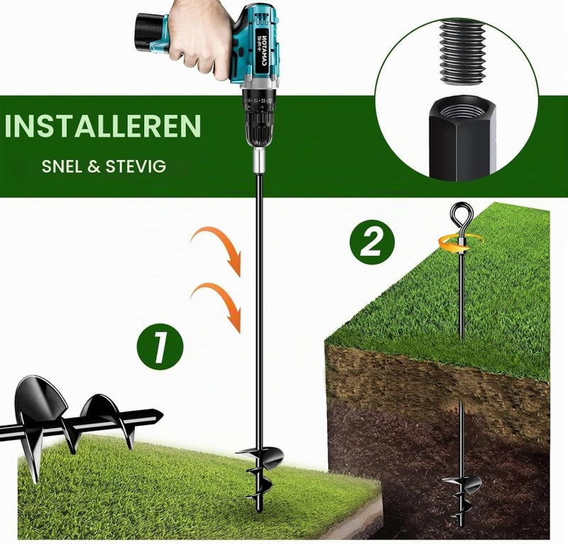 Laad afbeelding in Galerijviewer, Grondankers 4 stuks 61 cm heavy duty met booradapter – trampoline ankers – stormankers - happygetfit.com
