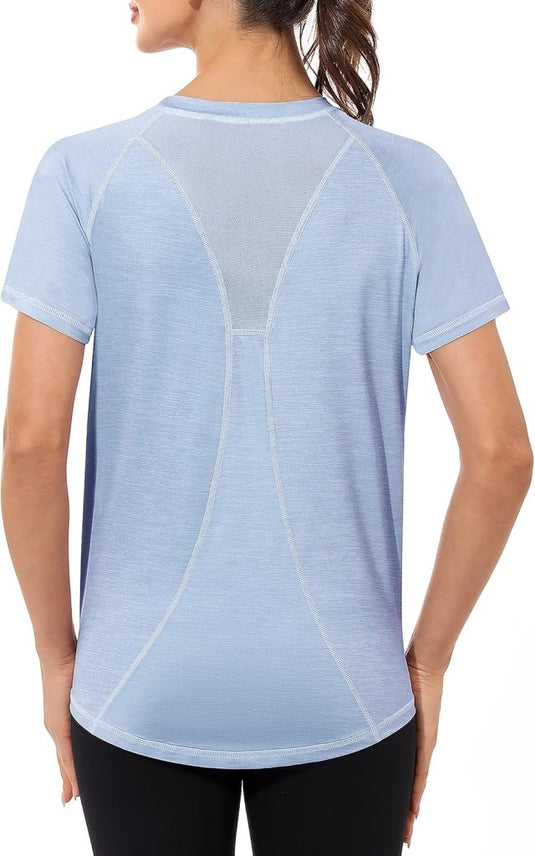 Gyabnw Sportshirt dames T-shirts dames korte mouwen elastisch shirt gym dames rug ademend mesh top fitness yoga hardlopen dans - happygetfit.com