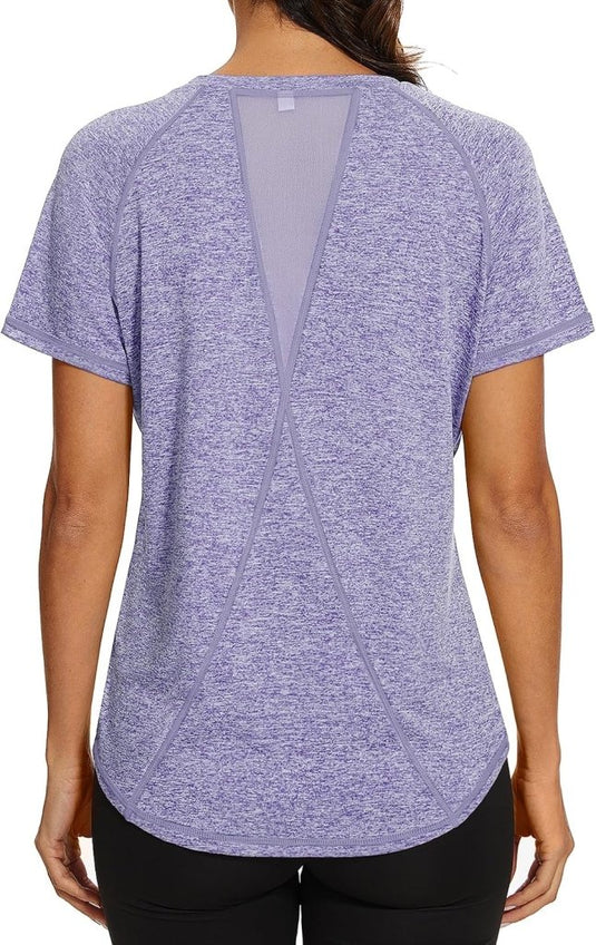 Gyabnw Sportshirt dames T-shirts dames korte mouwen elastisch shirt gym dames rug ademend mesh top fitness yoga hardlopen dans - happygetfit.com