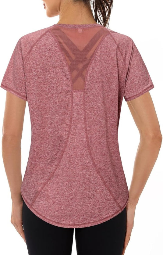 Gyabnw Sportshirt dames T-shirts dames korte mouwen elastisch shirt gym dames rug ademend mesh top fitness yoga hardlopen dans - happygetfit.com