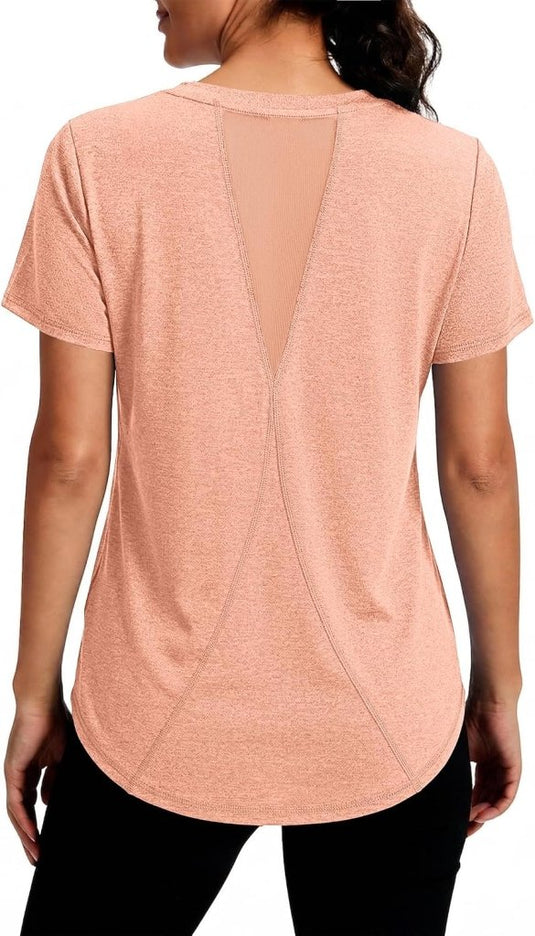 Gyabnw Sportshirt dames T-shirts dames korte mouwen elastisch shirt gym dames rug ademend mesh top fitness yoga hardlopen dans - happygetfit.com