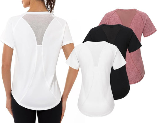 Gyabnw Sportshirt dames T-shirts dames korte mouwen elastisch shirt gym dames rug ademend mesh top fitness yoga hardlopen dans - happygetfit.com