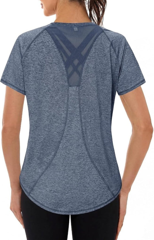 Gyabnw Sportshirt dames T-shirts dames korte mouwen elastisch shirt gym dames rug ademend mesh top fitness yoga hardlopen dans - happygetfit.com
