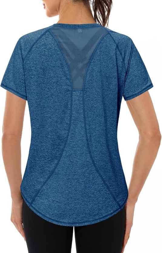 Gyabnw Sportshirt dames T-shirts dames korte mouwen elastisch shirt gym dames rug ademend mesh top fitness yoga hardlopen dans - happygetfit.com