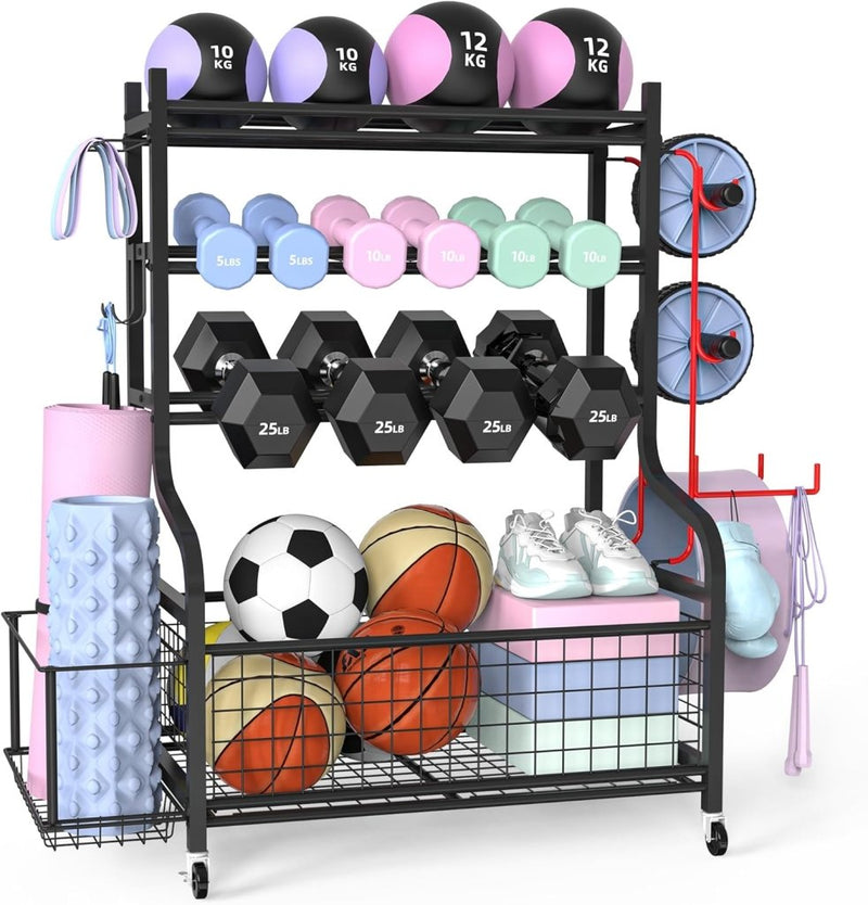 Laden Sie das Bild in Galerie -Viewer, halterstandaard, dumbbells, rek met 4 etages voor thuis, gym met wiel en 8 haken, 160 kg draagvermogen, korte halters, opbergrek voor dumbbells en yogabal, blok, mat, riem, rol - happygetfit.com
