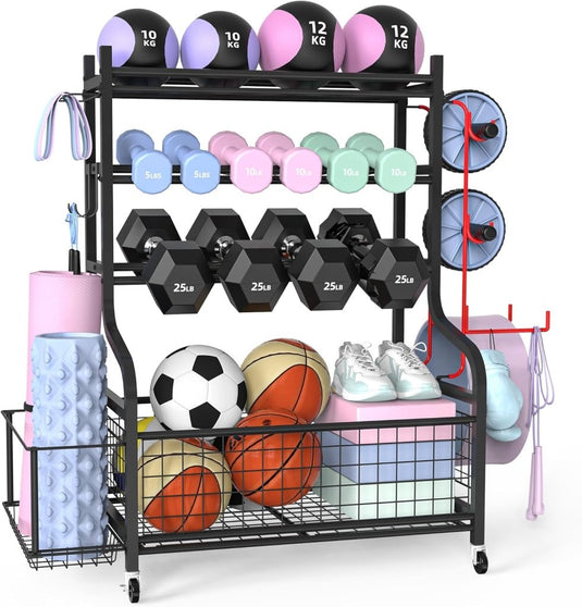 halterstandaard, dumbbells, rek met 4 etages voor thuis, gym met wiel en 8 haken, 160 kg draagvermogen, korte halters, opbergrek voor dumbbells en yogabal, blok, mat, riem, rol - happygetfit.com