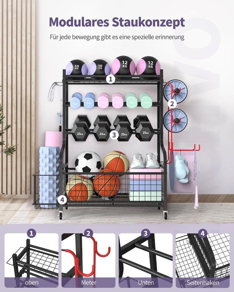 Laden Sie das Bild in Galerie -Viewer, halterstandaard, dumbbells, rek met 4 etages voor thuis, gym met wiel en 8 haken, 160 kg draagvermogen, korte halters, opbergrek voor dumbbells en yogabal, blok, mat, riem, rol - happygetfit.com
