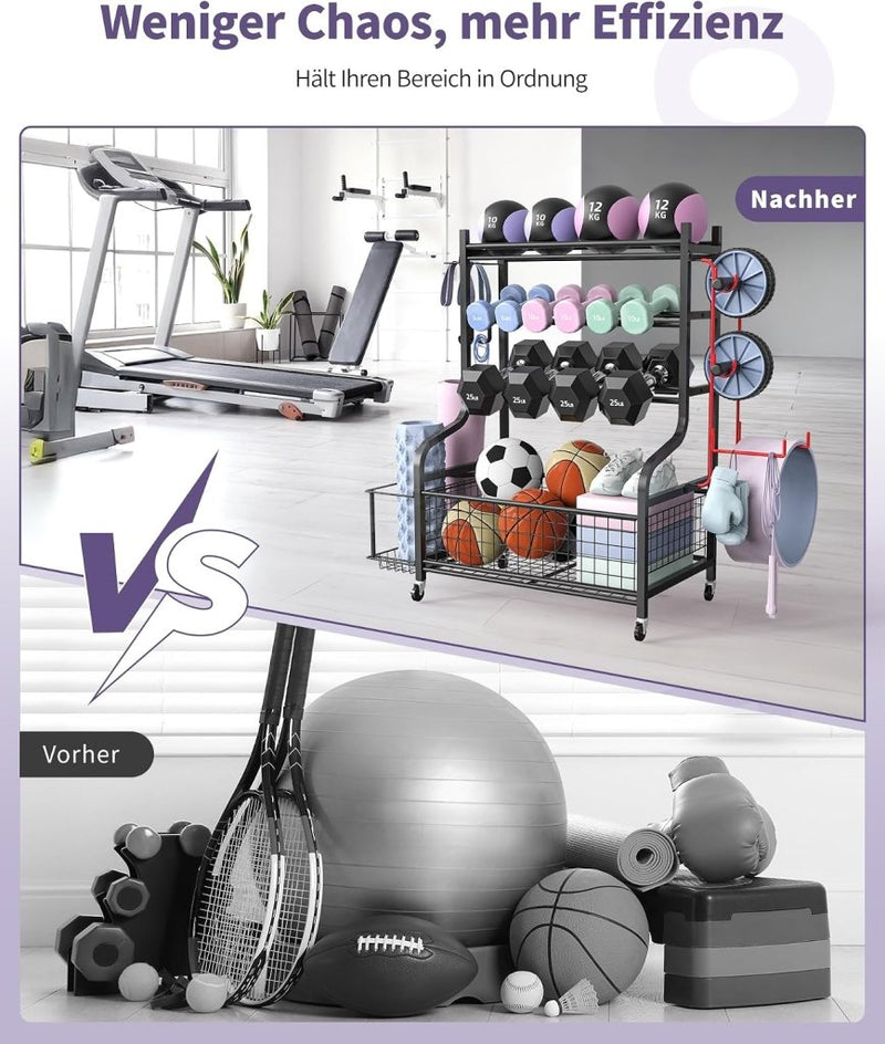 Laden Sie das Bild in Galerie -Viewer, halterstandaard, dumbbells, rek met 4 etages voor thuis, gym met wiel en 8 haken, 160 kg draagvermogen, korte halters, opbergrek voor dumbbells en yogabal, blok, mat, riem, rol - happygetfit.com
