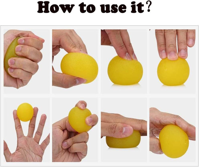 Laad afbeelding in Galerijviewer, Acht afbeeldingen tonen handen die op verschillende manieren een gele stressbal knijpen, drukken en vasthouden. Perfect voor het verlichten van stress en het verbeteren van de handkracht met eenvoud en effectiviteit met behulp van &quot;Versterk je grip, verminder stress en verbeter je gezondheid met onze stressballen!.
