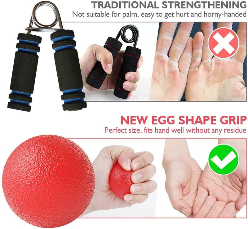 Laad afbeelding in Galerijviewer, De afbeelding contrasteert traditionele handgrepen, die bekend staan om het veroorzaken van ongemak, met de innovatieve eivormige grip van onze stressballen, die het comfort verbetert zonder residu, terwijl het helpt stress te verlichten en de handkracht verbetert. Product: Versterk je grip, verminder stress en verbeter je gezondheid met onze stressballen!.
