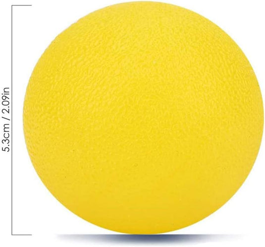 Versterk je grip, verminder stress en verbeter je gezondheid met onze stressballen! Deze gele bal, met een diameter van 5,3 cm (2,09 inch), is perfect voor stress aangetoond en handkracht verbeteren, getoond tegen een witte achtergrond.