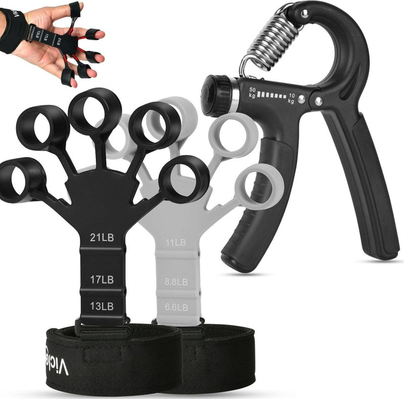 Bild im Galerie-Viewer laden, Handtrainer set 3-delig met verstelbare gripweerstand van 10 tot 50 kg en 2 vingertrainers – grijpkracht – vingertraining - happygetfit.com
