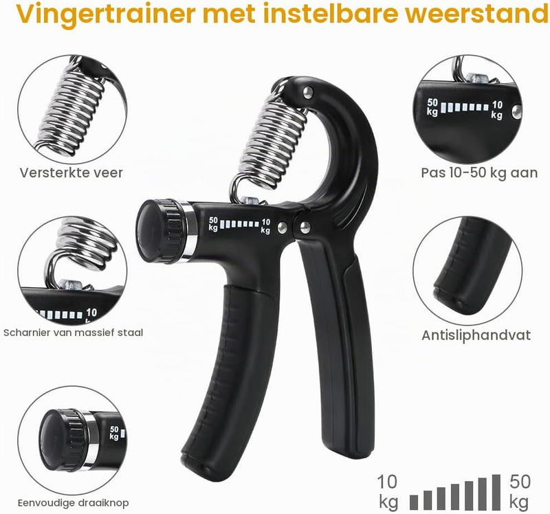 Bild im Galerie-Viewer laden, Handtrainer set 3-delig met verstelbare gripweerstand van 10 tot 50 kg en 2 vingertrainers – grijpkracht – vingertraining - happygetfit.com
