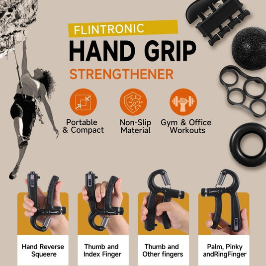 Handtrainerset 5-delig met verstelbare weerstand van 5 tot 60 kg en herhalingsteller voor handen vingers en onderarmen – griptrainer – knijpkrachttrainer - happygetfit.com