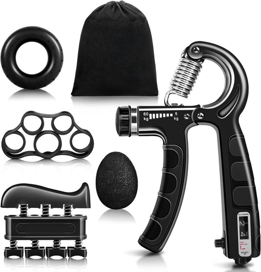 Handtrainerset 5-delig met verstelbare weerstand van 5 tot 60 kg en herhalingsteller voor handen vingers en onderarmen – griptrainer – knijpkrachttrainer - happygetfit.com