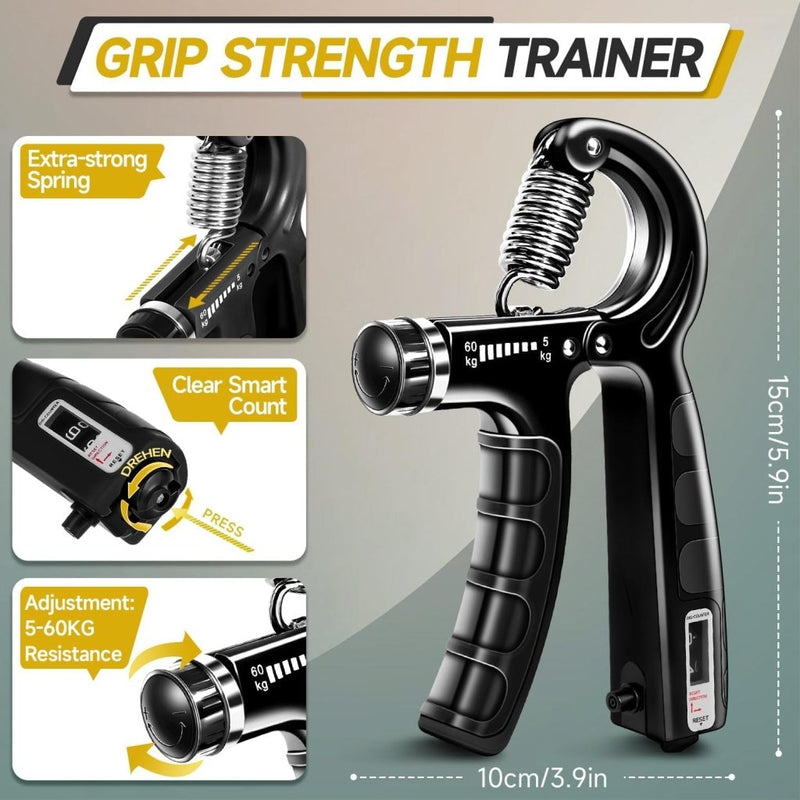 Bild im Galerie-Viewer laden, Handtrainerset 5-delig met verstelbare weerstand van 5 tot 60 kg en herhalingsteller voor handen vingers en onderarmen – griptrainer – knijpkrachttrainer - happygetfit.com
