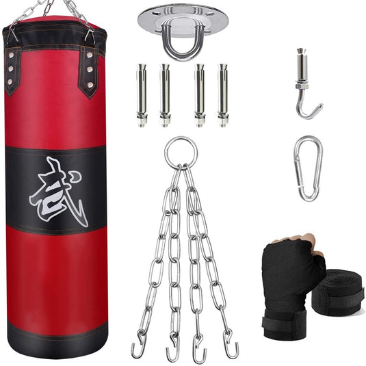 Hanging Punching Bag Set Unfilled, Heavy Boxing Bags Kickboxing Bag for Adults Kids, Youth Boxing Set with Hand Wraps, Punching Bag Hangers, for MMA Muay Thai Karate Taekwondo Training - happygetfit.com