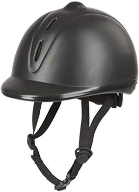 Onze paardrijhelm heeft een polycarbonaat helmschaal in zwart met geavanceerd ventilatiesysteem en verstelbare kinriem voor ultiem comfort.