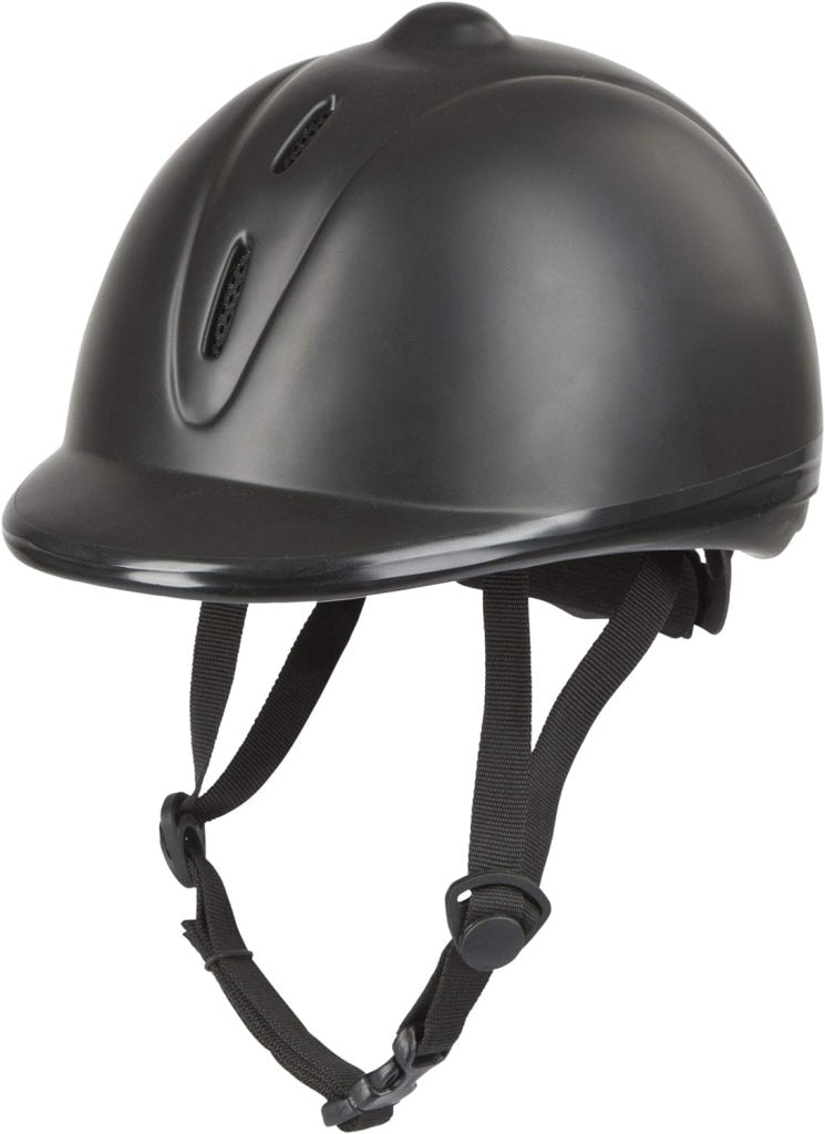 Load image into Gallery viewer, De &quot;Rijd veilig en stijlvol&quot; paardrijhelm is voorzien van een zwarte polycarbonaat helmschaal, een verstelbare kinband en een geavanceerd ventilatiesysteem voor optimaal comfort.
