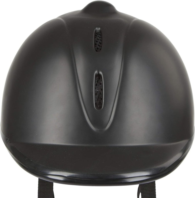Load image into Gallery viewer, De &quot;Rijd veilig en stijlvol&quot; paardrijhelm heeft een strak zwart design, duurzame polycarbonaat helmschaal, twee ventilatieopeningen en een verstelbare kinband voor optimaal comfort.
