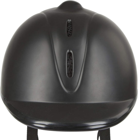 De "Rijd veilig en stijlvol" paardrijhelm heeft een strak zwart design, duurzame polycarbonaat helmschaal, twee ventilatieopeningen en een verstelbare kinband voor optimaal comfort.