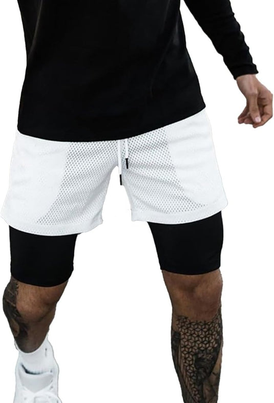 Heren 2-in-1 sportshort met compressiebroek en zakken – trainingsshort – hardloopbroek - happygetfit.com