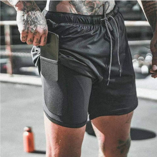 Heren 2-in-1 sportshort met compressiebroek en zakken – trainingsshort – hardloopbroek - happygetfit.com