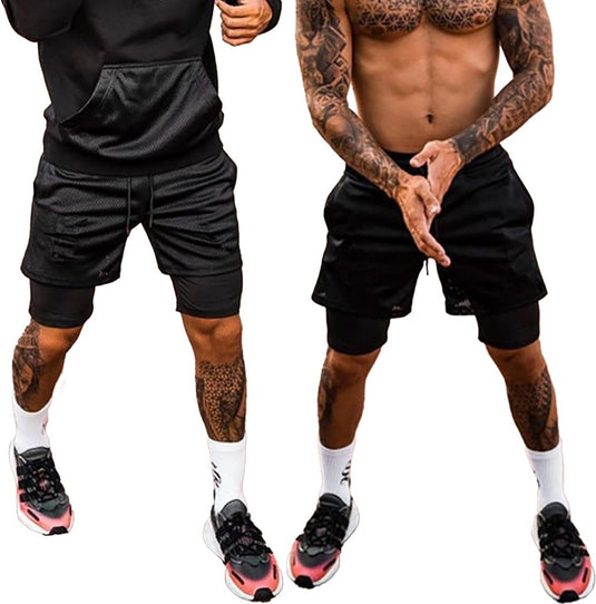 Heren 2-in-1 sportshort met compressiebroek en zakken – trainingsshort – hardloopbroek - happygetfit.com